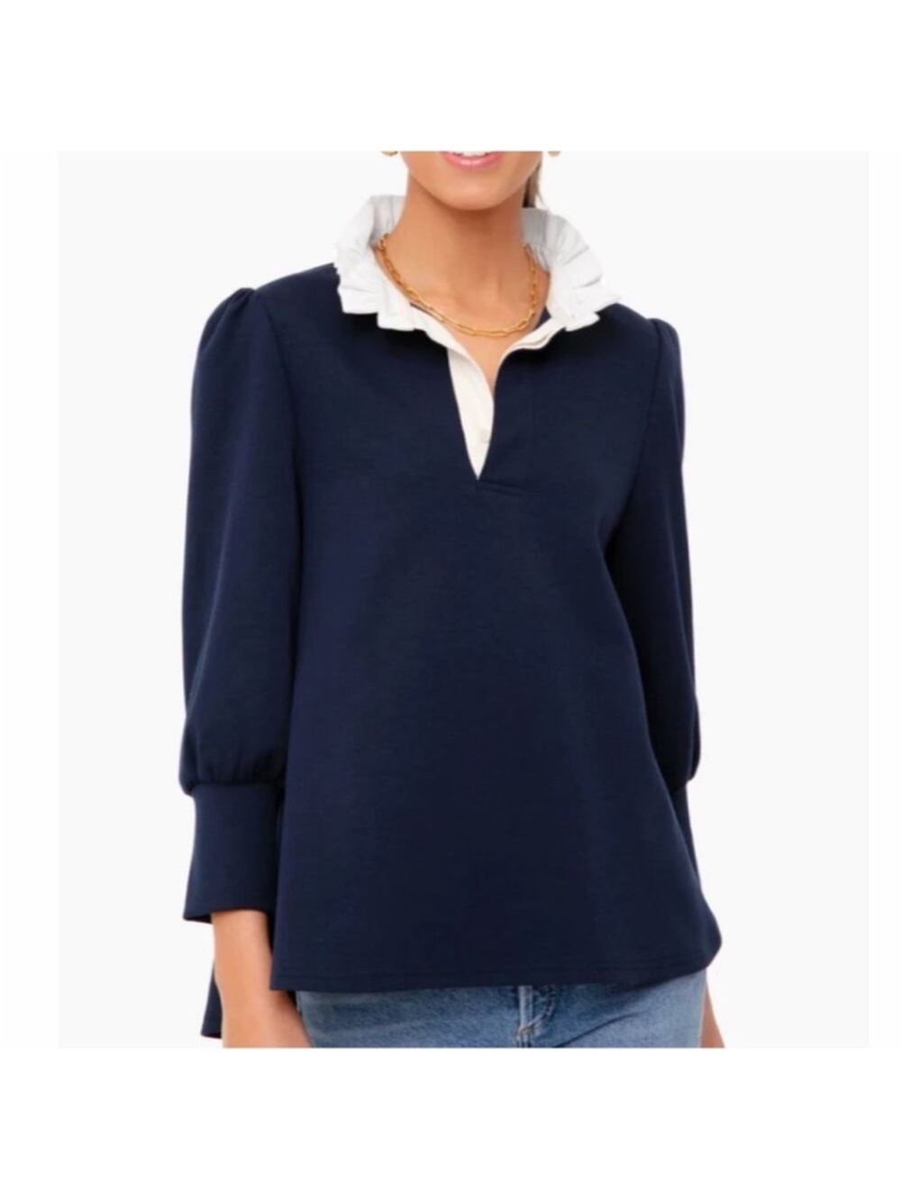 Tuckernuck pomander place Charlotte blouse ruffle neck navy blue preppy size M